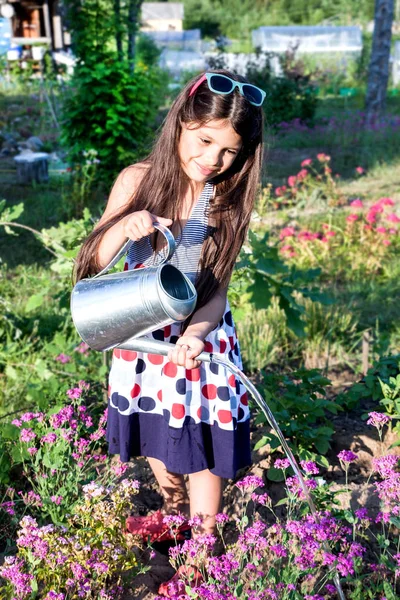 Girl Posing Metal Watering Can Summer — Stock Photo, Image