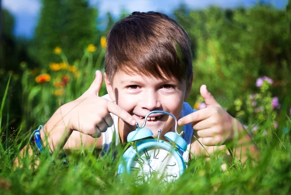 Boy Alarm Clock Summer Garden — Stock Photo, Image