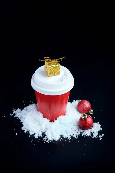 Café Para Copo Vermelho Decorações Natal Preto — Fotografia de Stock