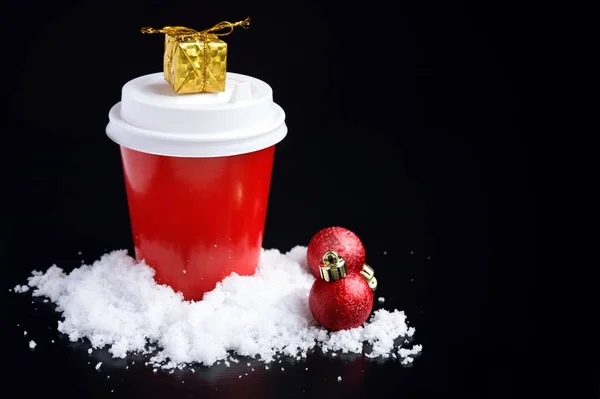 Café Para Copo Vermelho Decorações Natal Preto — Fotografia de Stock