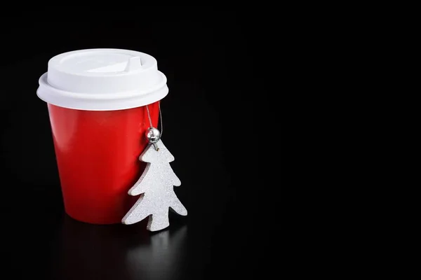 Café Para Copo Vermelho Decorações Natal Preto — Fotografia de Stock