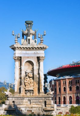 Barcelona, İspanya - 21 Ocak 2019: Ünlüsü Çeşme Tarih Placa d'Espanya, Barcelona, Katalonya, İspanya