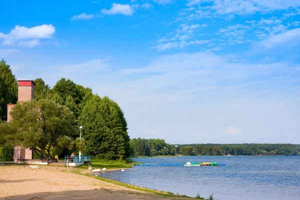 Naroch ベラルーシ 2018 観光客は Naroch ベルラーシの最も大きい湖の太陽と Naroch 沿岸地帯の残りのための普及した行先 ベラルーシ — ストック写真