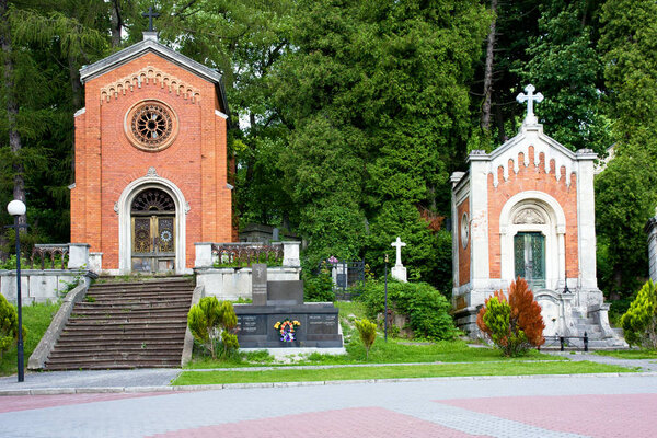 Lychakiv memorial cemetery in Lviv. An ancient Lutheran cemetery with statues and Gothic architecture.