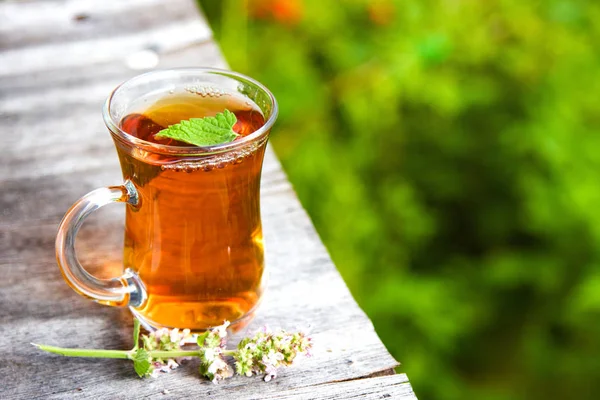 Fresh tasty hot tea with melissa outdoor in summer. Copy space. Medicine healthy — Stock Photo, Image
