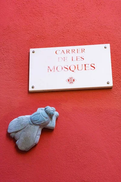 Mosca de piedra. Calle de moscas en Cataluña, España. Moscas - uno de los símbolos de Girona —  Fotos de Stock