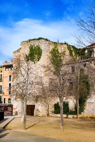 Cidade velha de Girona no dia de inverno, Girona marcos, Detalhes de edifícios antigos e ruas, Girona, Catalunha — Fotografia de Stock