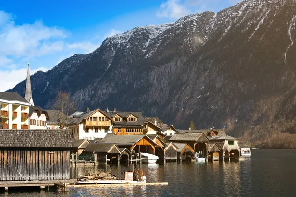 Tradiční Dřevěné Lodní Domy Hallstatt Horská Vesnice Hallstaetter Lake Salzkammergut — Stock fotografie