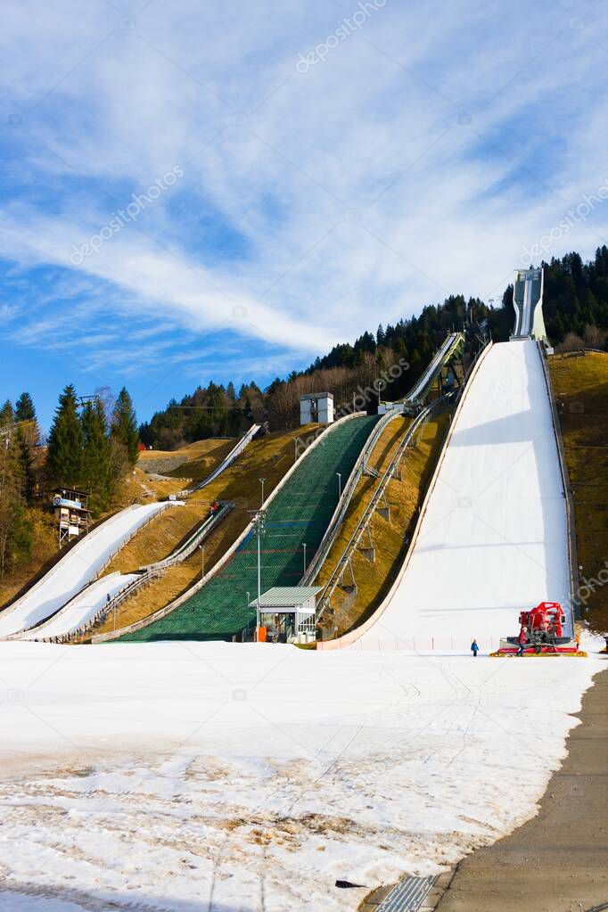 Garmisch Partenkirchen, Germany - February 20, 2020: One of oldest ski jumps in world on Winter sport Olympic Stadium. It was originally built for the 1936 Winter Olympics, and is still used today.