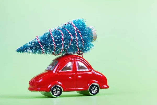 Glass Red Toy Car Christmas Decoration Green Background Preparation New — Stock Photo, Image
