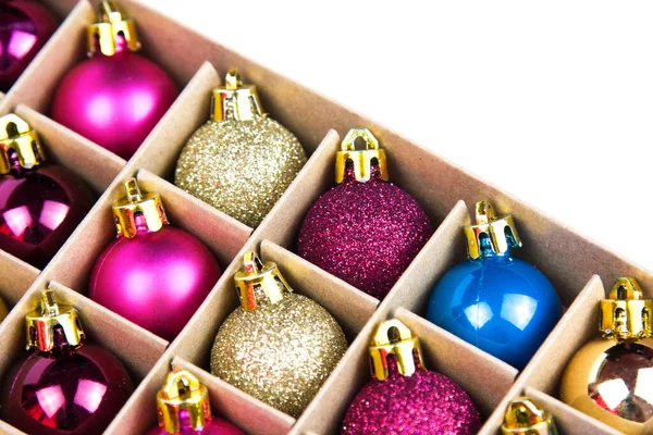 Blauwe Roze Gouden Paarse Ballen Voor Kerst Doos Sluit Maar — Stockfoto