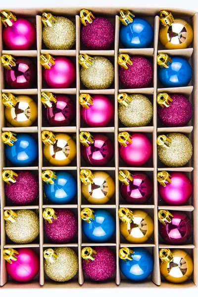 Blue Pink Gold Purple Balls Christmas Box Close Preparing New — Stock Photo, Image