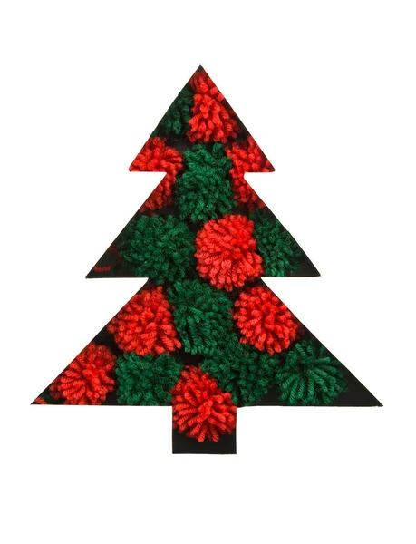 Red Green Pompons Cut Paper Fir Tree Shape Christmas Card — Stock Photo, Image