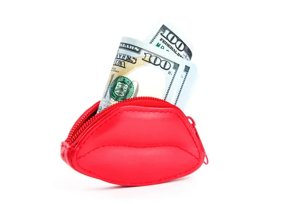 Red Purse Form Lips Banknotes One Hundred Dollars Love Money — Stock Photo, Image