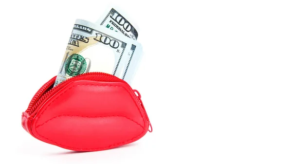 Красный Кошелек Форме Губ Банкнот Сто Долларов Любовь Деньгам Женская — стоковое фото