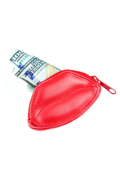 Para Için Aşk Dudak Şeklinde Kırmızı Çanta Yüz Dolarlık Banknotlar — Stok fotoğraf