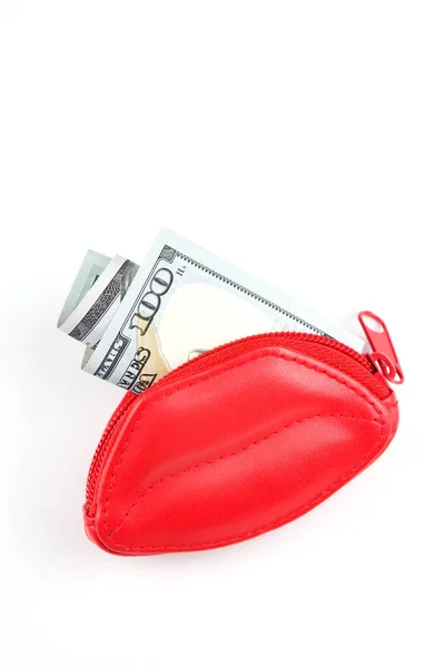 Love Money Red Purse Form Lips Banknotes One Hundred Dollars — Stock Photo, Image