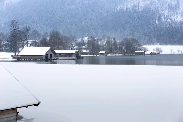 Case Barca Lago Schliersee Inverno Baviera Germania — Foto Stock