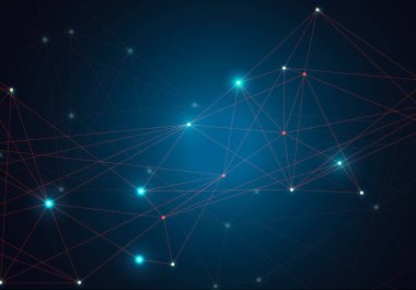 Mavi zemin üzerinde noktalar ve çizgiler olan parlak moleküller parlayan soyut vektör