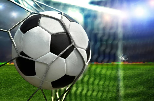 A soccer ball scores into the opponent's goal4a football player at the World Cup stadium