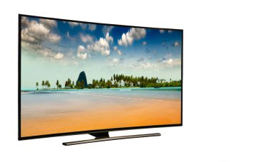 Beyaz arka plan üzerinde izole mavi ekranla ile siyah monitör. 4k üzerinde izole beyaz izlemek. Andaman Denizi, Phuket Adası. Tayland.. Modern, zarif Tv 4 K, görüntünün inanılmaz güzel renkler ile ..