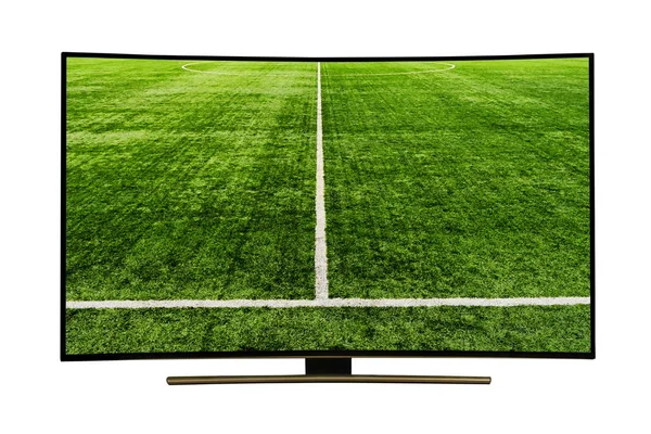 4k monitor isolated on white.  watching smart tv translation of football game.. Modern, elegant TV 4 K, with incredibly beautiful colors of the image ..