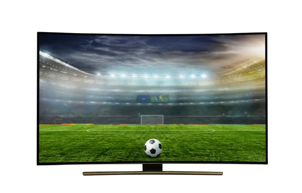モニターに孤立した白 モニター画像の信じられないほど美しい色でサッカー ゲームの見てのスマート テレビ翻訳 — ストック写真