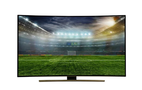 显示器隔离在白色 显示器观看智能电视翻译的足球比赛 与令人难以置信的美丽的颜色的形象 — 图库照片