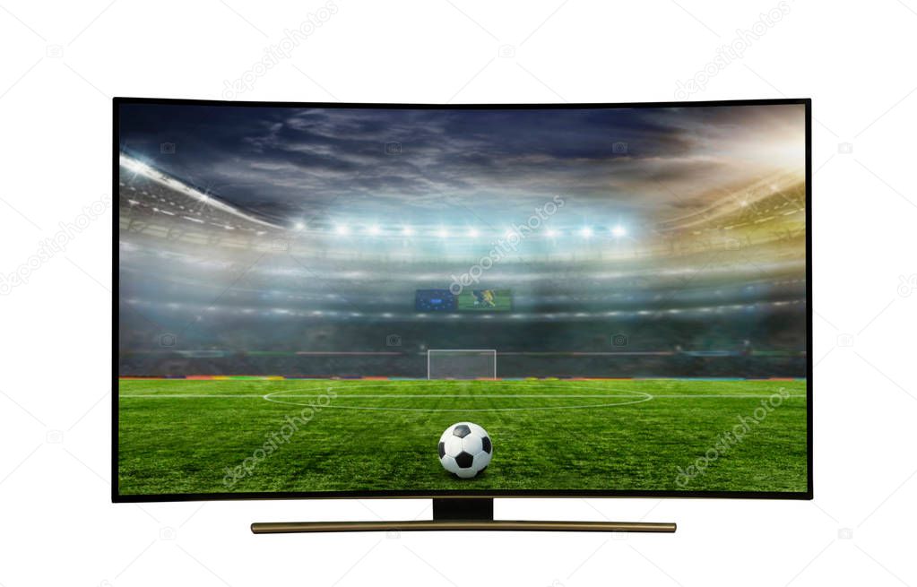 4k monitor isolated on white.  4k monitor watching smart tv translation of football game., with incredibly beautiful colors of the image.