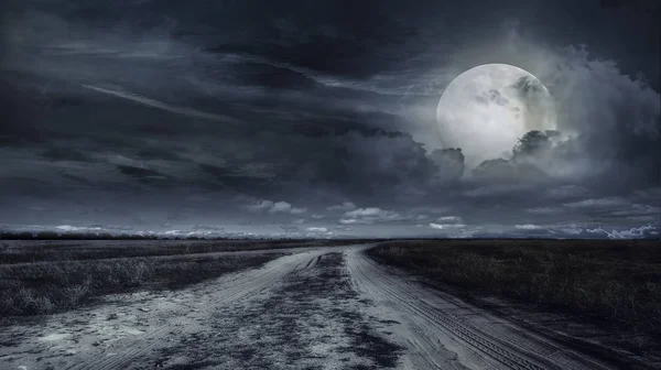 Camino pavimentado a través de un campo de trigo por la noche . — Foto de Stock