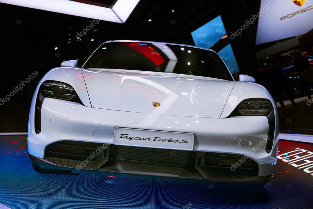 FRANKFURT, GERMANY - SEP 11, 2019: New Porsche Taycan Turbo S sports car reveiled at the Frankfurt IAA Motor Show 2019. - Image