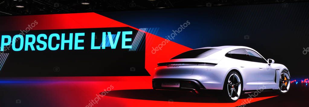 FRANKFURT, GERMANY - SEP 11, 2019: New Porsche Taycan Turbo S sports car reveiled at the Frankfurt IAA Motor Show 2019. - Image