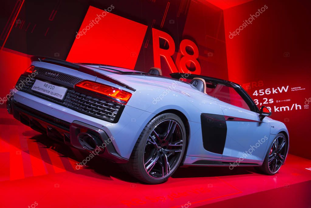 FRANKFURT, GERMANY - SEP 19, 2019: New Audi R8 V10 quattro cabriolet car showcased at the Frankfurt IAA Motor Show 2019. - Image