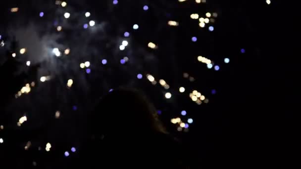 La chica toma fotos de fuegos artificiales en un teléfono móvil. Silueta en el fondo del cielo iluminada por luces . — Vídeo de stock