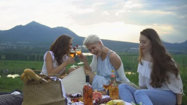 Молоді щасливі друзі, сміються і п'ють вино на пікніку, на заході сонця з видом на гори . — стокове відео