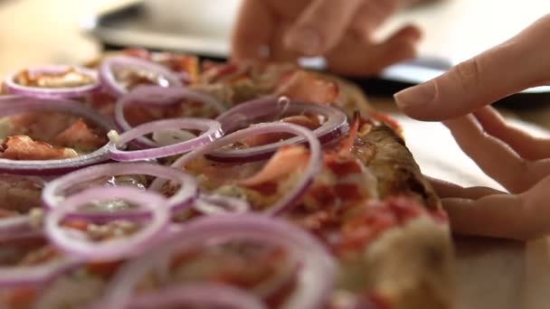 Slow Motion Video Womens Hands Take Piece Fresh Pizza — Stock Video