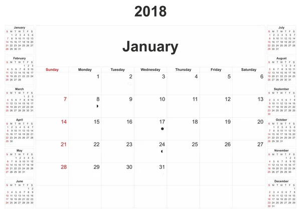 2018 Calendario Mensual Con Fondo Blanco — Foto de Stock
