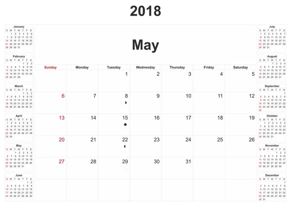 2018 Een Maandelijkse Kalender Met Witte Achtergrond — Stockfoto