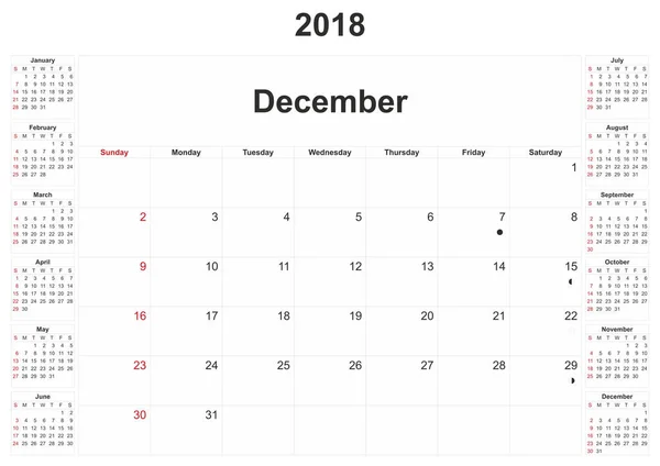 毎月のカレンダーの白い背景を持つ 2018 — ストック写真