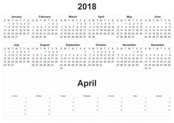 2018 Щомісячний Календар Білим Тлом — стокове фото