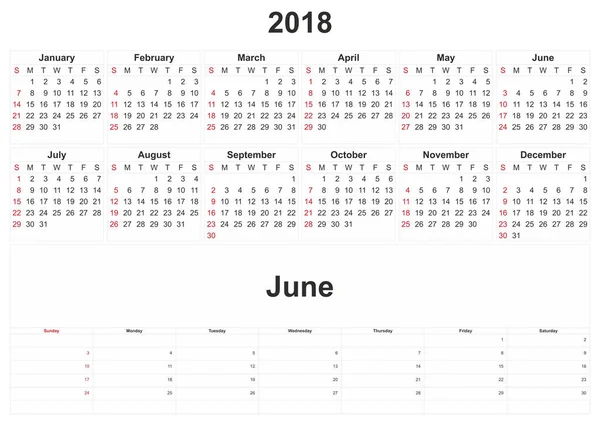 毎月のカレンダーの白い背景を持つ 2018 — ストック写真