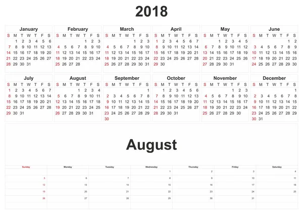 2018 Månatlig Kalender Med Vit Bakgrund — Stockfoto