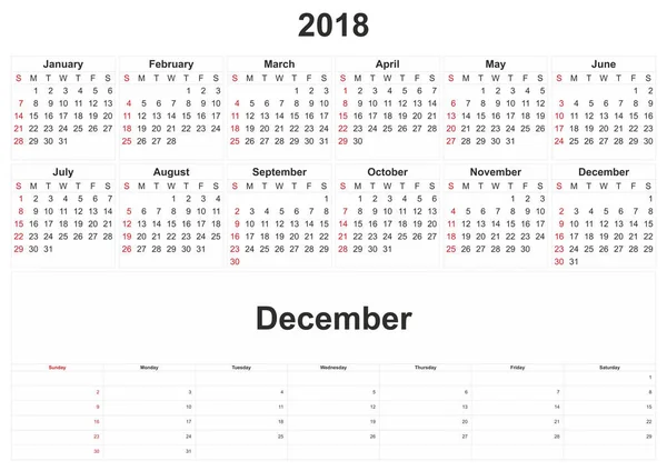 2018 Calendrier Mensuel Avec Fond Blanc — Photo