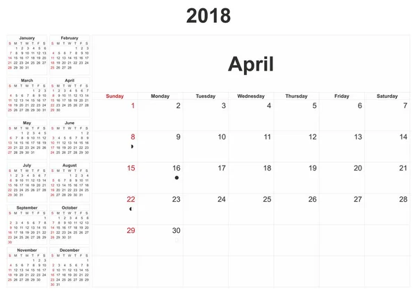 2018 Een Maandelijkse Kalender Met Witte Achtergrond — Stockfoto