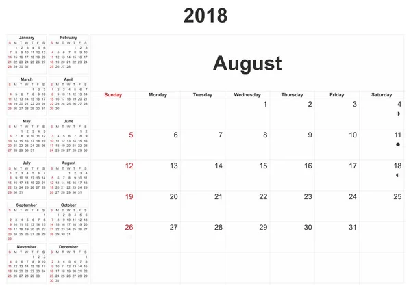 2018 Calendario Mensile Con Sfondo Bianco — Foto Stock