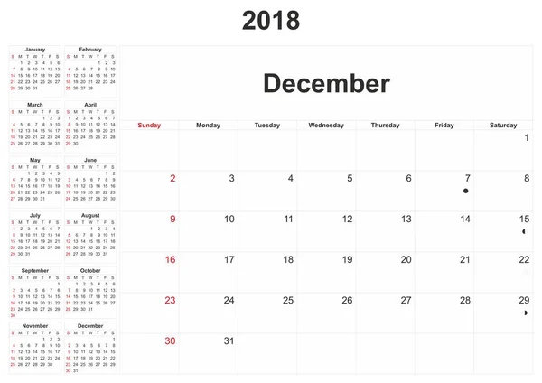 2018 Calendrier Mensuel Avec Fond Blanc — Photo