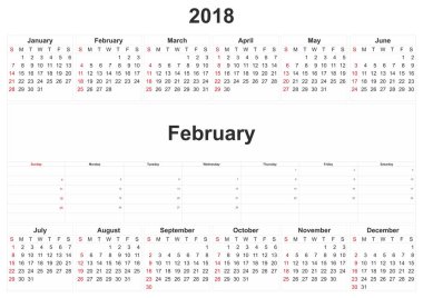 aylık bir takvim beyaz arka plan ile 2018.