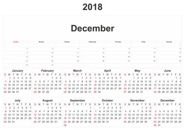 aylık bir takvim beyaz arka plan ile 2018.