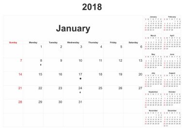 aylık bir takvim beyaz arka plan ile 2018.