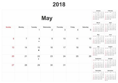 aylık bir takvim beyaz arka plan ile 2018.